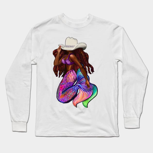 Cow girl Mermaid with flowing red locs and Country Cow boy hat Afro hair and brown skin. Black mermaid Long Sleeve T-Shirt by Artonmytee